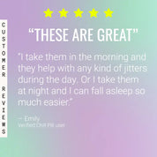Customer review with five stars and quote about taking chill pills for relaxation and better sleep