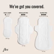 Daily liner, regular pad, and super pad shown side by side with absorbency levels and dimensions