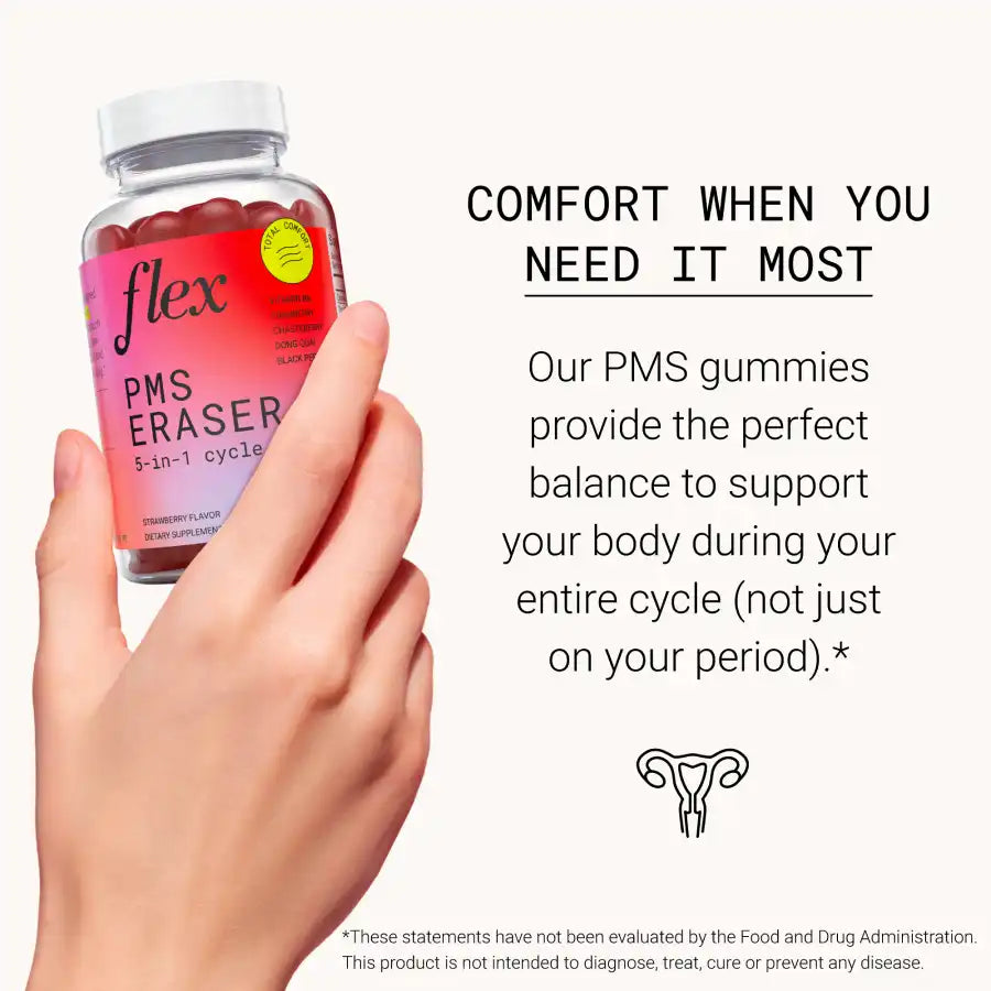 Flex PMS Eraser are PMS gummies that support your body during your entire cycle
