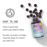 Open bottle of Flex Chill Pill gummies with scattered gummies and usage instructions.