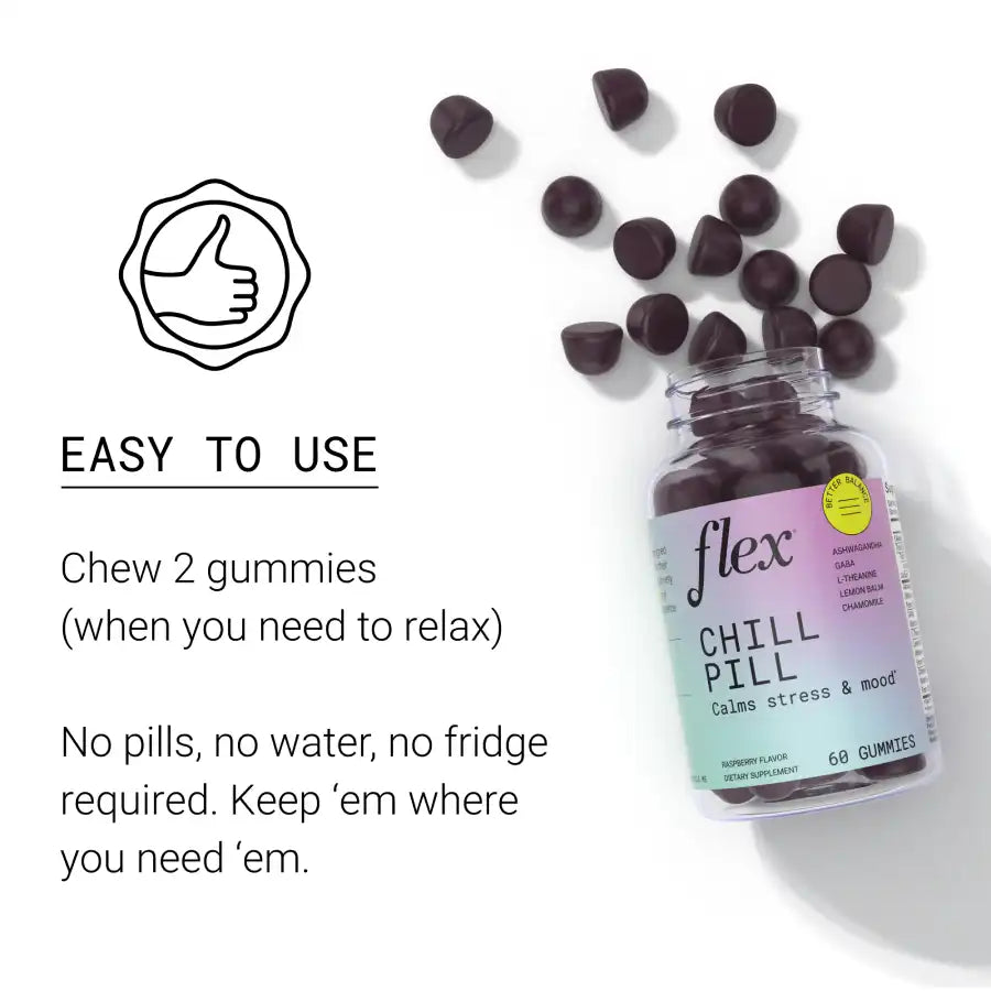 Open bottle of Flex Chill Pill gummies with scattered gummies and usage instructions.