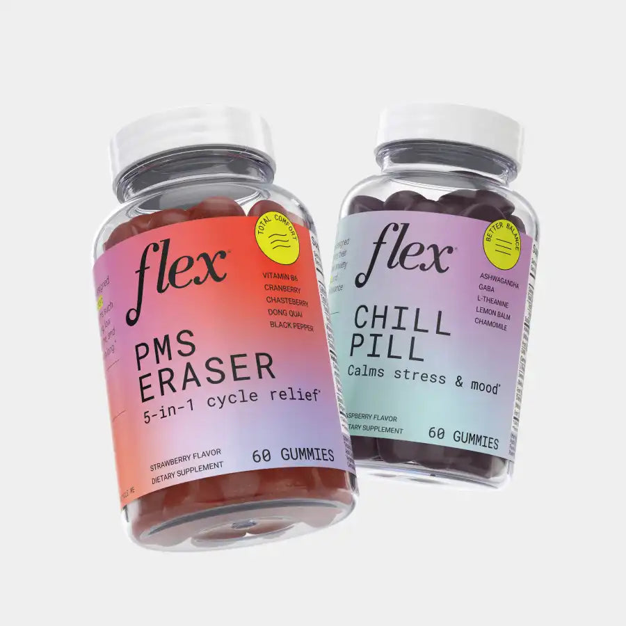 Bottles of Flex PMS Eraser 5-in-1 cycle relief and Chill Pill Gummies to calm stress and improve mood, available as a bundle.
