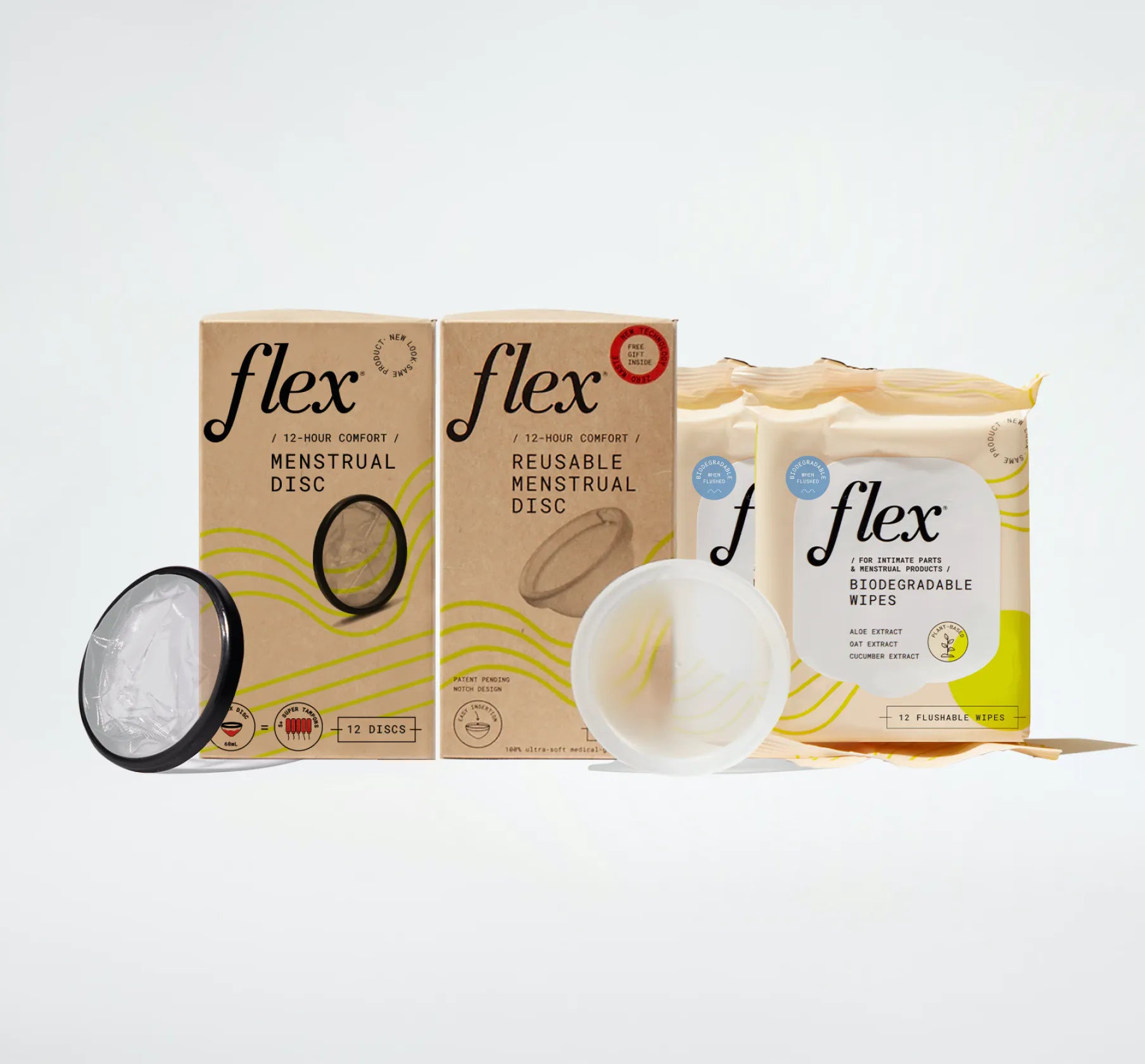 Flex Period Kit with a disposable and a reusable menstrual disc plus biodegradable wipes