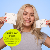 Person holding flex ultra thin pad and liner with ingredient exclusion text overlay
