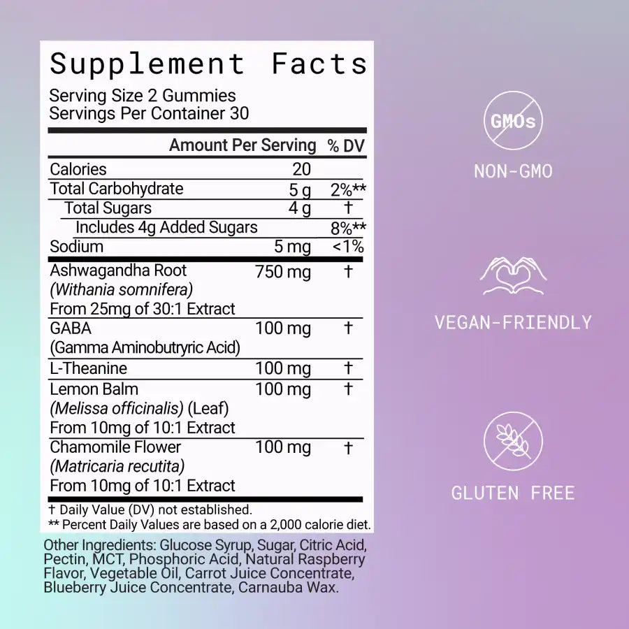 Supplement facts label for gummies with ingredients and daily values, featuring non-GMO, vegan-friendly, gluten-free icons.
