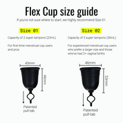 Side-by-side size comparison of menstrual cups with dimensions and usage guidance