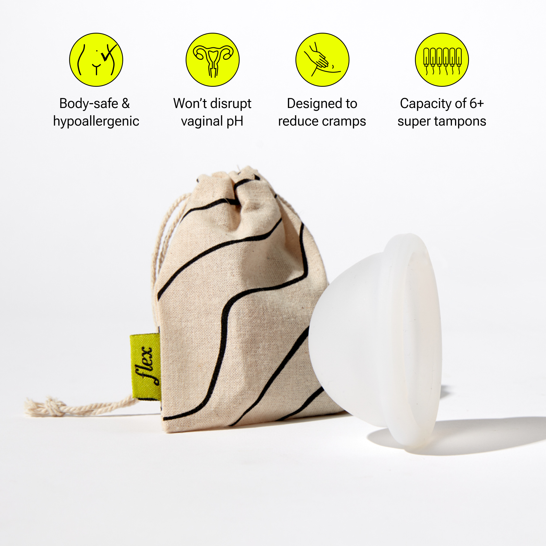 Reusable menstrual disc with storage pouch and feature icons above product