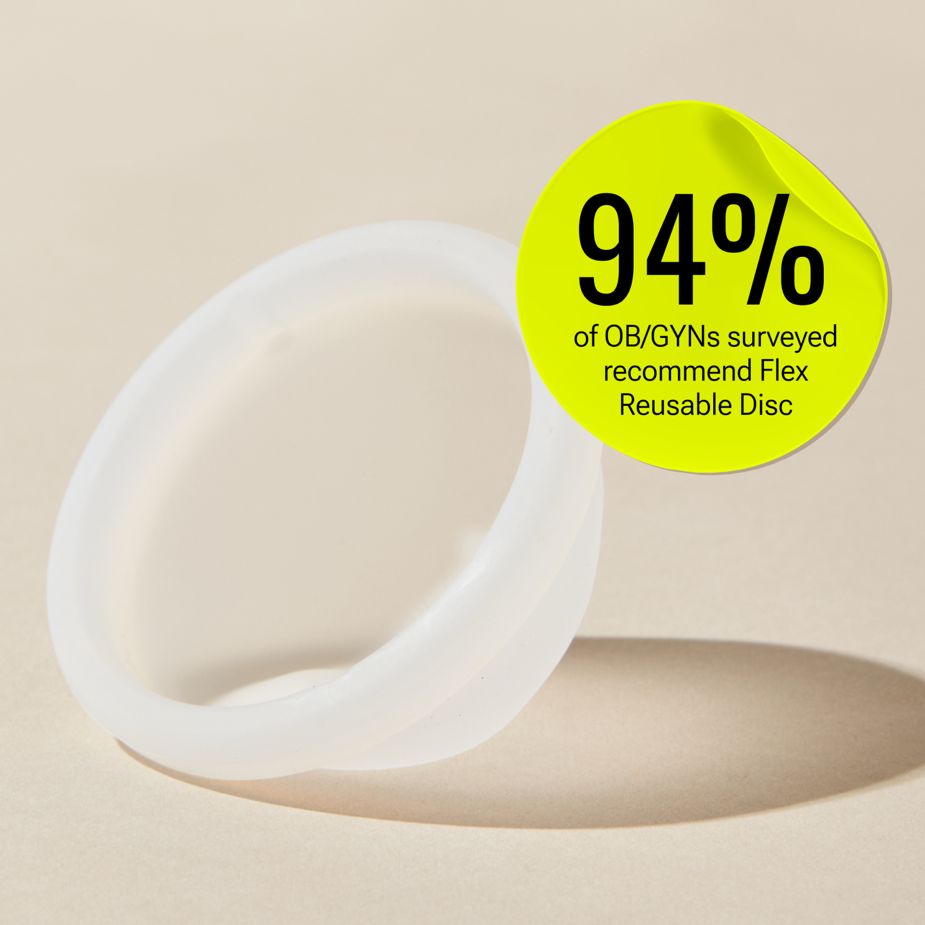 Reusable menstrual disc with overlay stating 94% of OB/GYNs surveyed recommend it