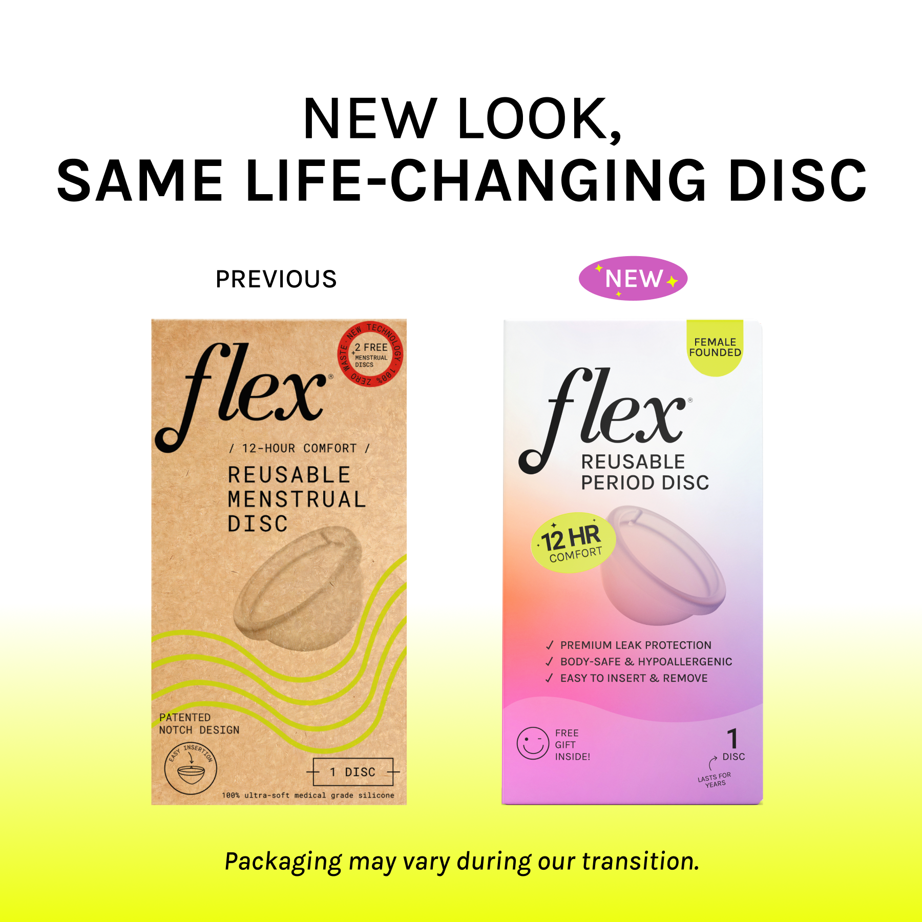 Side-by-side comparison of old and new packaging for reusable period disc.