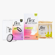 Everything you need for your first disc period: 12 Flex Discs (up to 12 hours of wear), ultra-thin pads, plant-based wipes, and mess-free removal pouches.