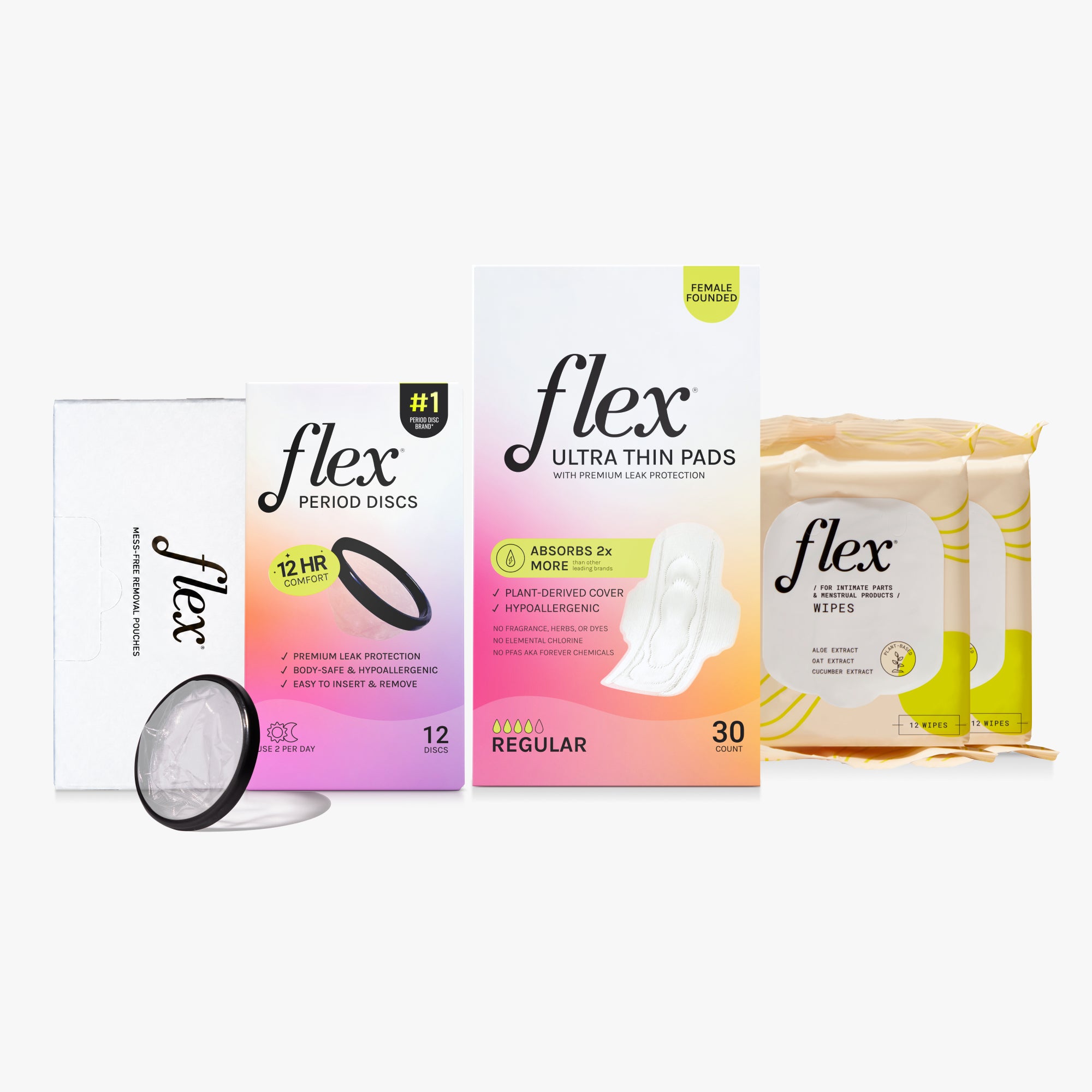 Everything you need for your first disc period: 12 Flex Discs (up to 12 hours of wear), ultra-thin pads, plant-based wipes, and mess-free removal pouches.