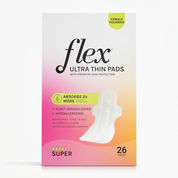 Box of flex ultra thin pads with gradient design on a white background
