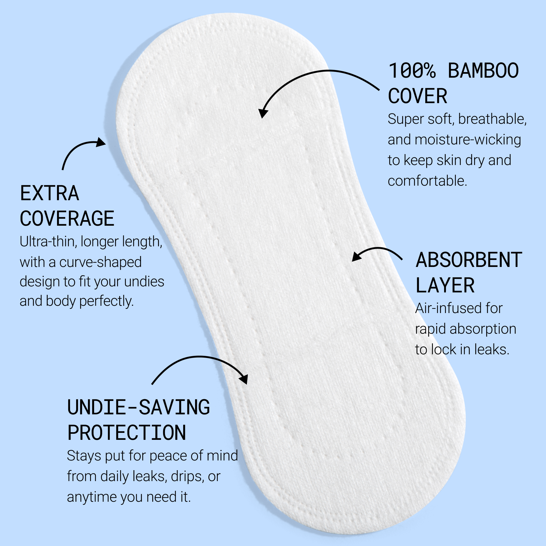 Liner with bamboo cover, absorbent layer, and extended length for added daily protection