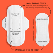Two bamboo menstrual pads with labeled features including absorbent core, wings, and curved shape
