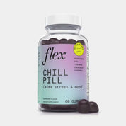 A bottle of Flex Chill Pill Stress Gummies to calm stress and improve mood
