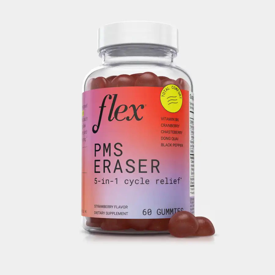 A bottle of Flex PMS Eraser PMS gummies 5 in 1  menstrual cycle relief