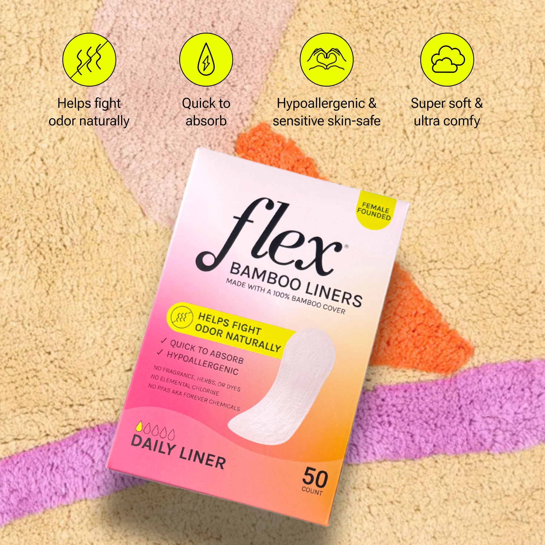 Box of Flex bamboo daily liners with product benefits shown above