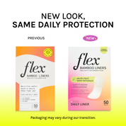 Side-by-side comparison of previous and new Flex bamboo liners packaging, each with 50 count label.