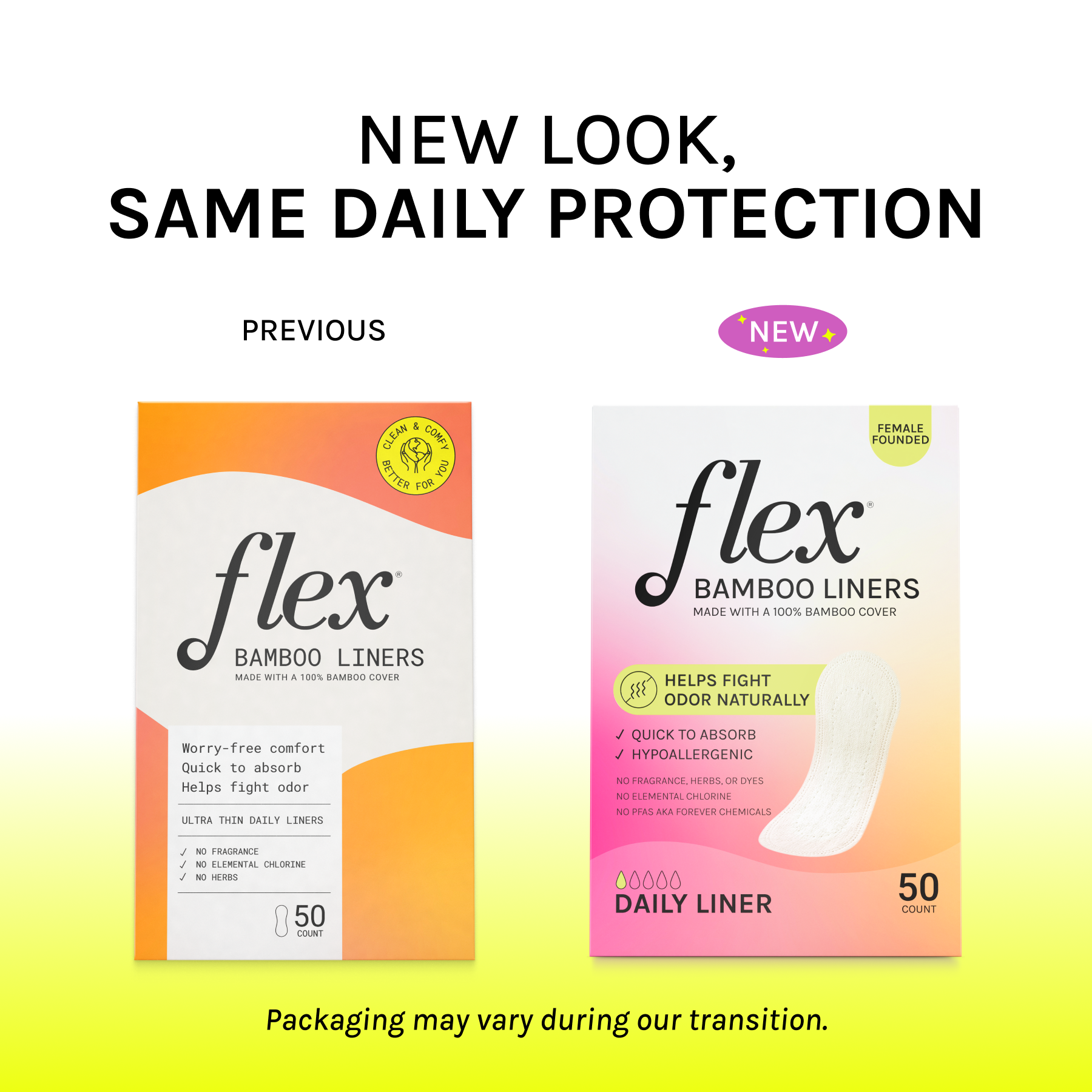 Side-by-side comparison of previous and new Flex bamboo liners packaging, each with 50 count label.