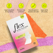 Box of Flex bamboo pads with 26 count and product benefit icons above