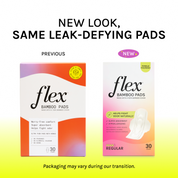 Side-by-side comparison of previous and new Flex bamboo pads packaging, both showing 30-count boxes.