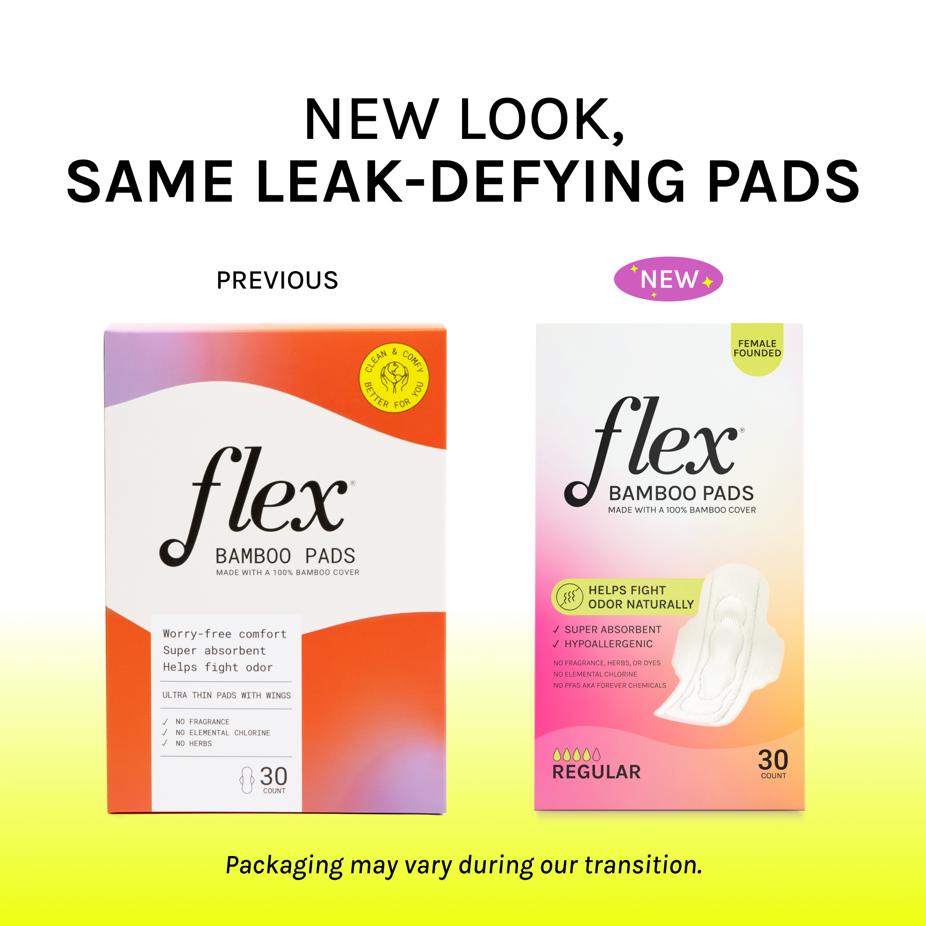 Side-by-side comparison of previous and new Flex bamboo pads packaging, both showing 30-count boxes.