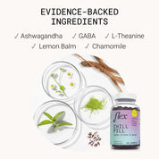 Flex Chill Pill supplement bottle with featured ingredients in petri dishes and loose herbs