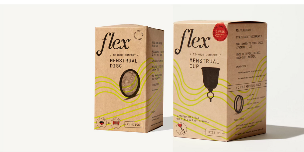 Flex Menstrual Disc and Reusable Menstrual Disc boxes on a white surface