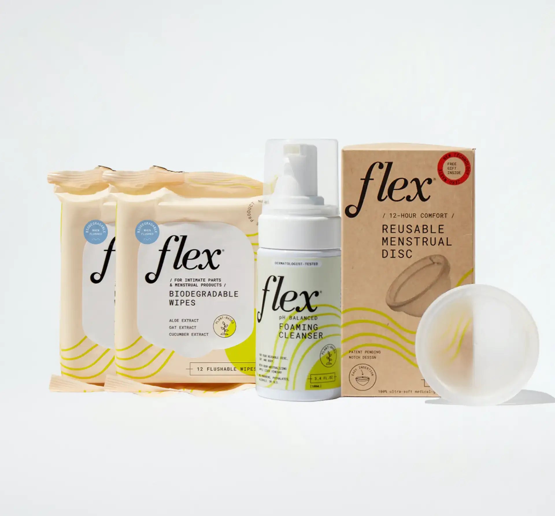 Flex reusable menstrual disc starter bundle with a reusable menstrual disc, foaming cleanser and biodegradable wipes