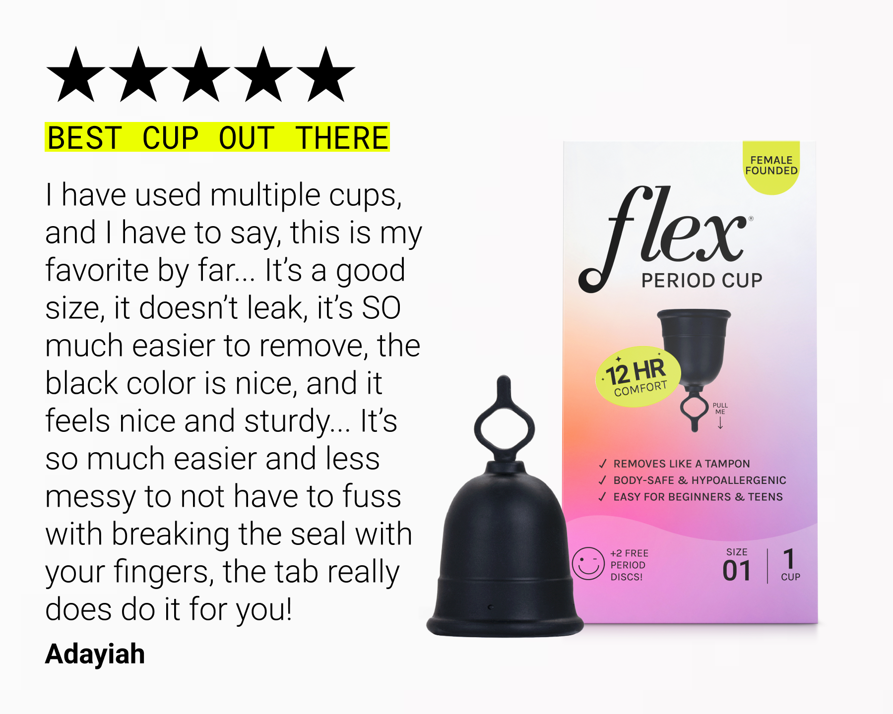 Menstrual cup with flexible loop tab shown next to product packaging and customer review text.