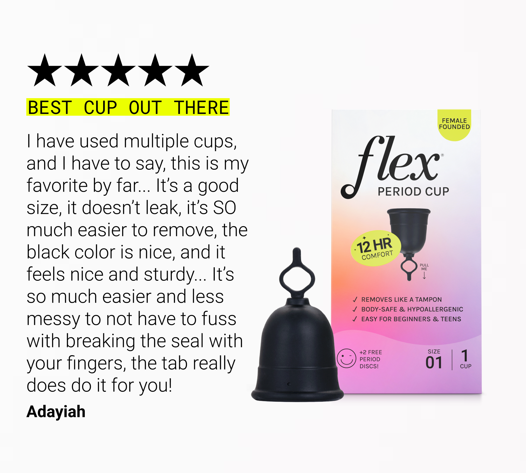 Menstrual cup with flexible loop tab shown next to product packaging and customer review text.