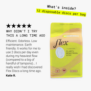 Front view of Flex Plant+ Menstrual Disc packaging and customer testimonial