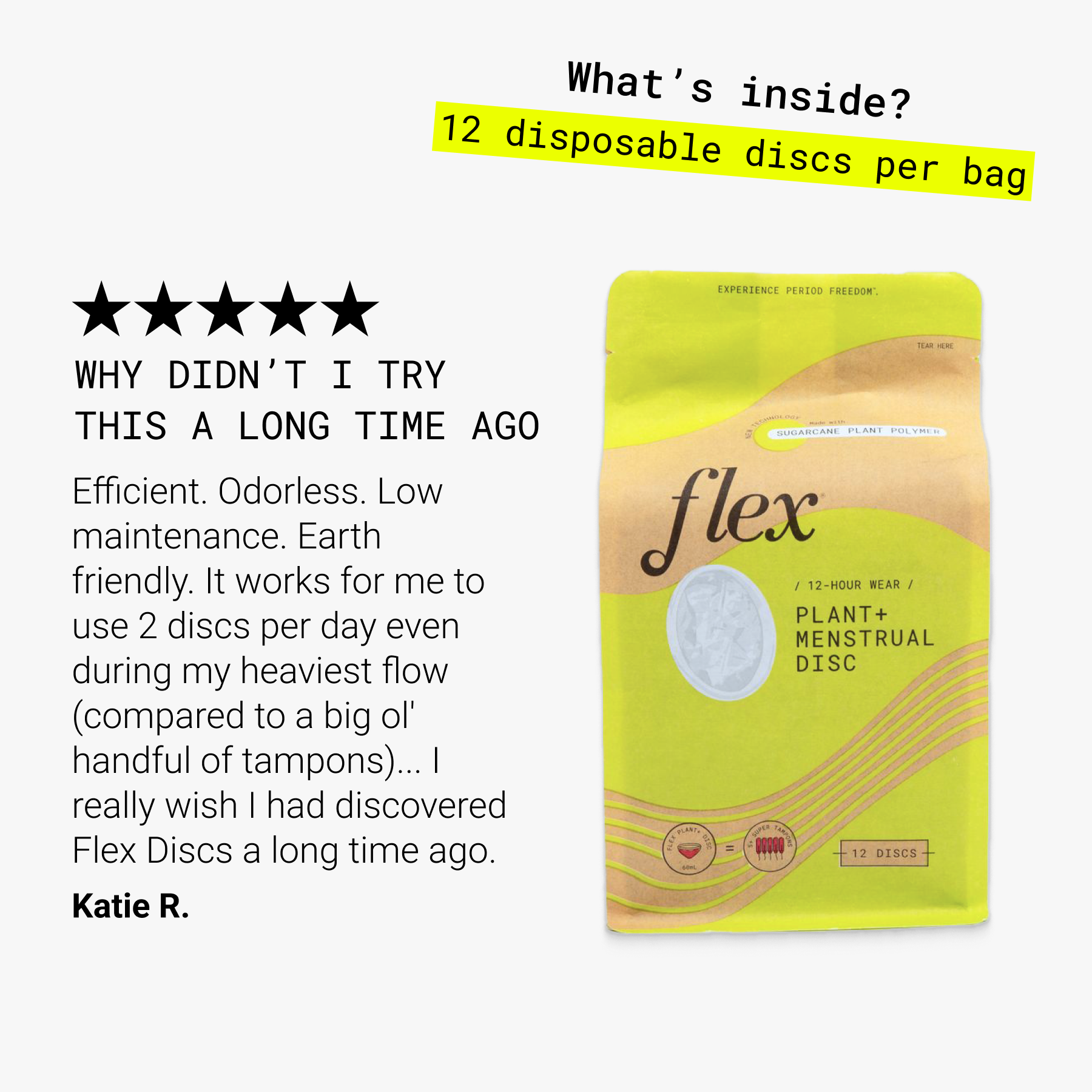 Front view of Flex Plant+ Menstrual Disc packaging and customer testimonial