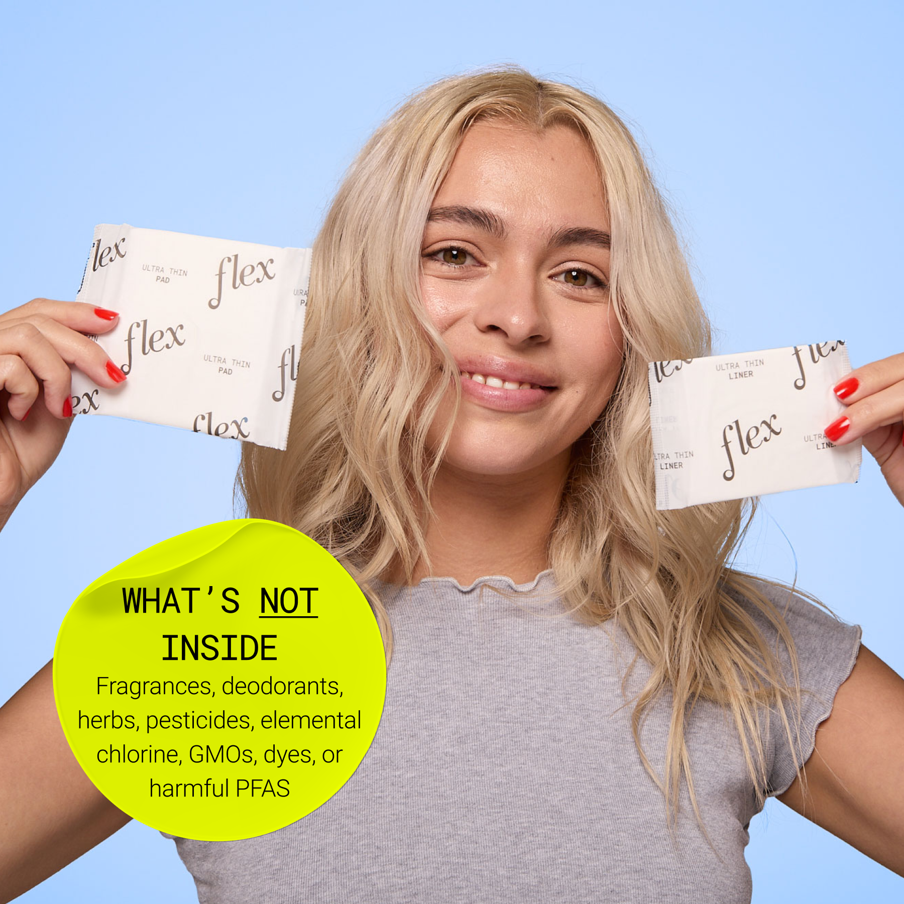 Person holding flex ultra thin pad and liner with ingredient exclusion text overlay