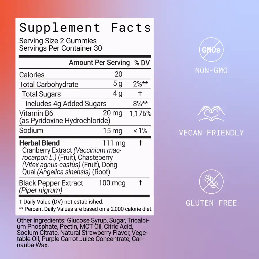 Supplement facts label for gummies with ingredient list and dietary values