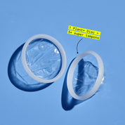 Two menstrual discs with text comparing capacity to five super tampons