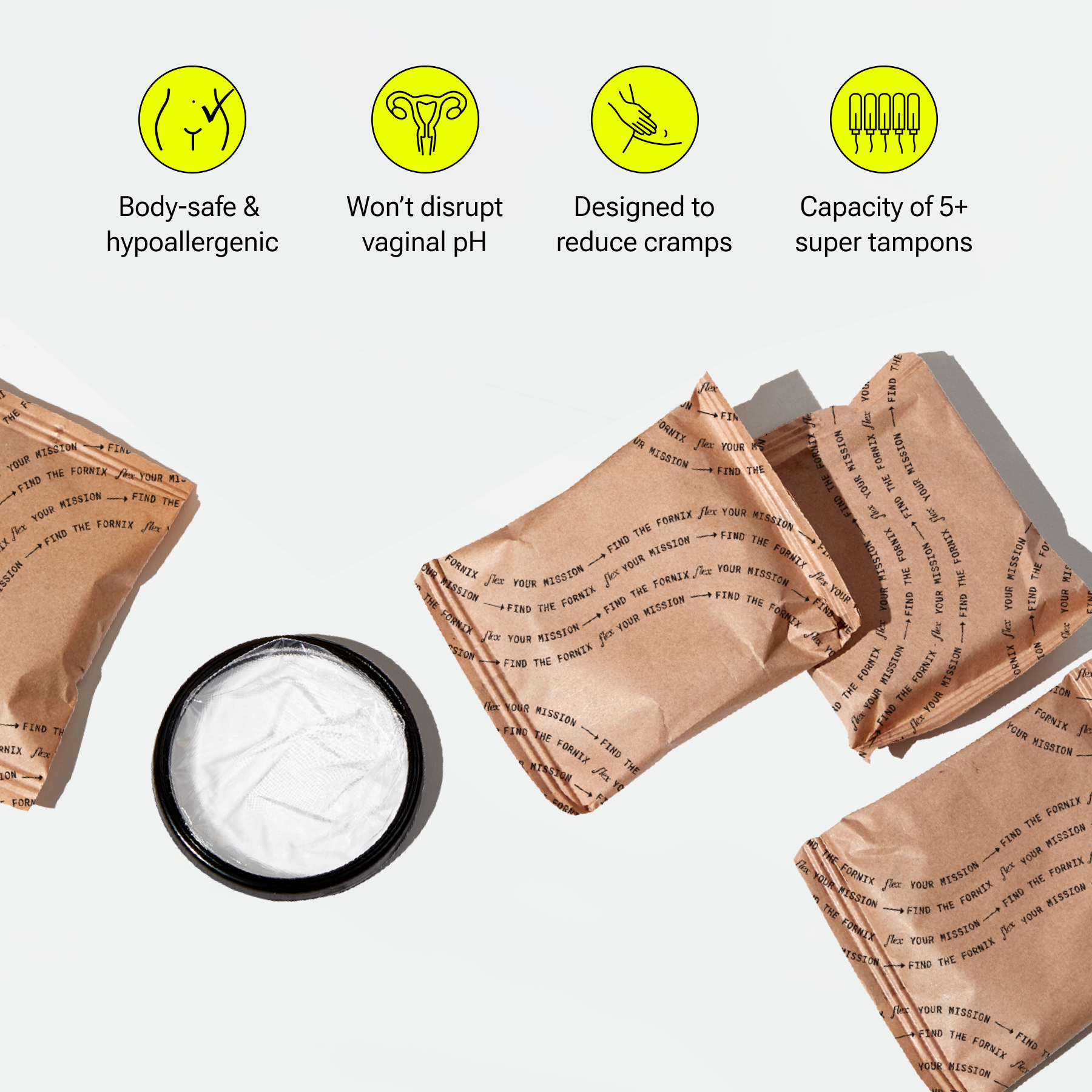 Menstrual disc with individually wrapped pads and icons highlighting key product features