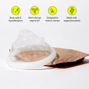 Menstrual disc resting on flat packaging with feature icons above