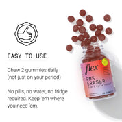 Bottle of PMS relief gummies with several gummies spilled next to ease-of-use text overlay