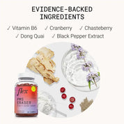 PMS supplement bottle with natural ingredients including herbs, berries, powder, and extract in background