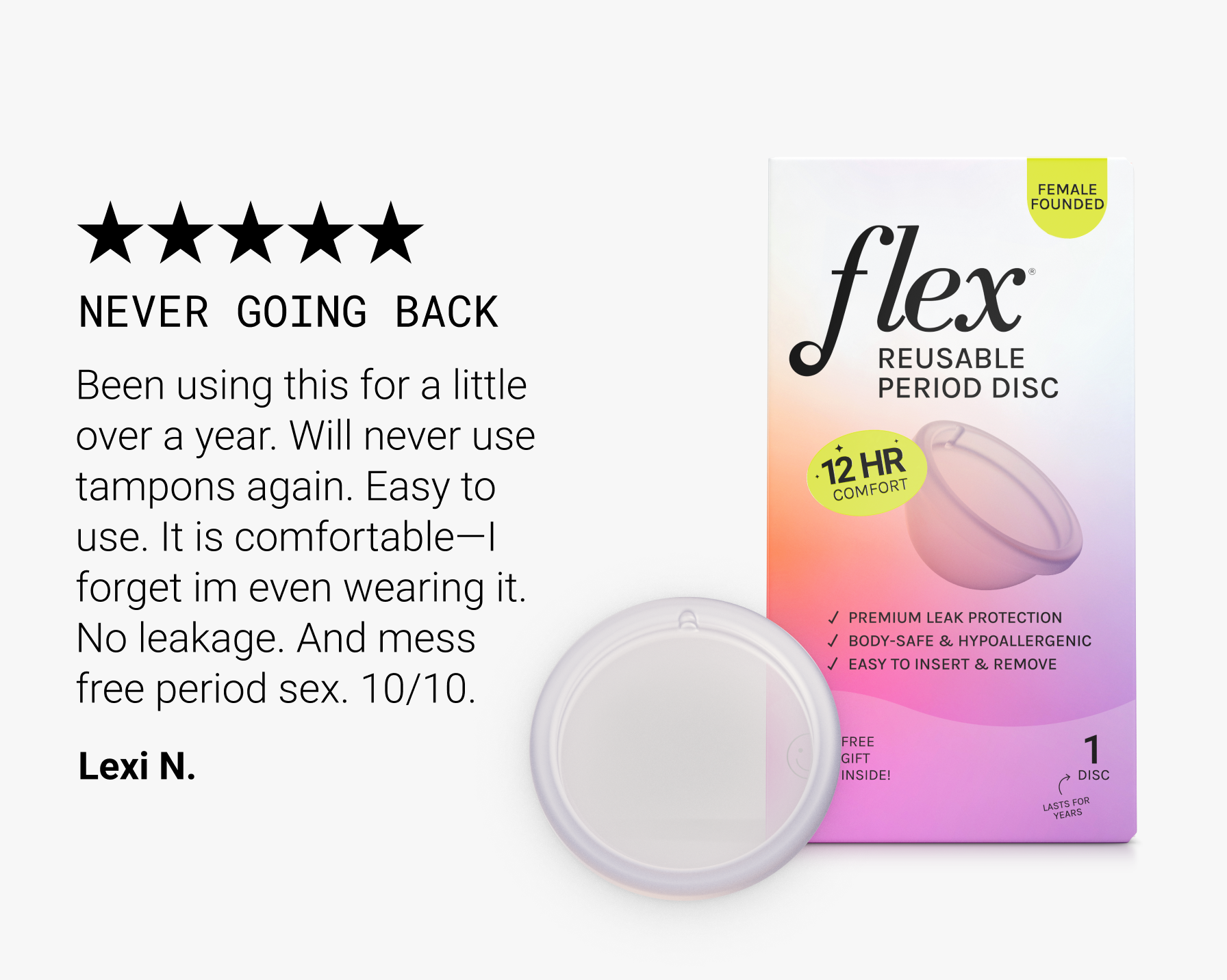 Reusable period disc with product packaging and customer testimonial.