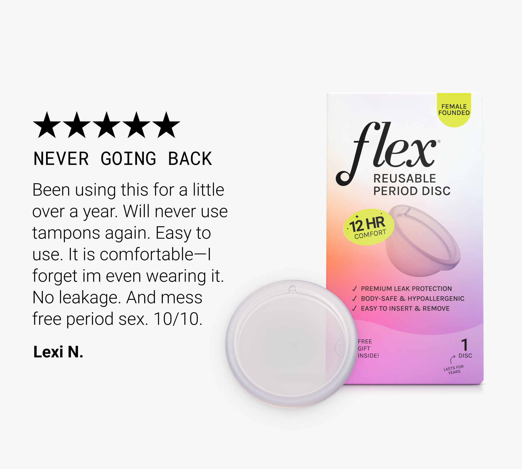 Reusable period disc with product packaging and customer testimonial.