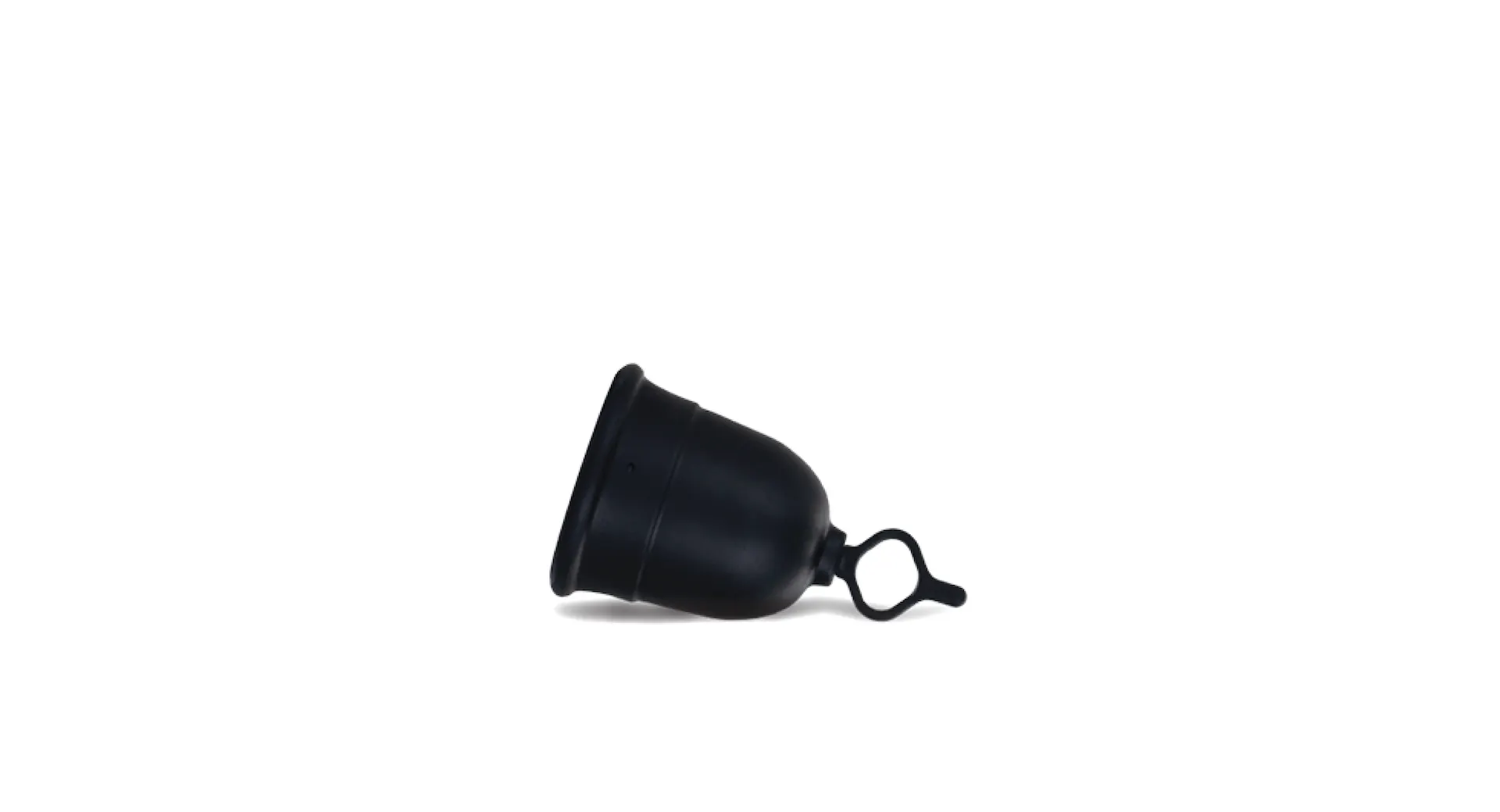Silicone menstrual cup with loop stem shown on its side
