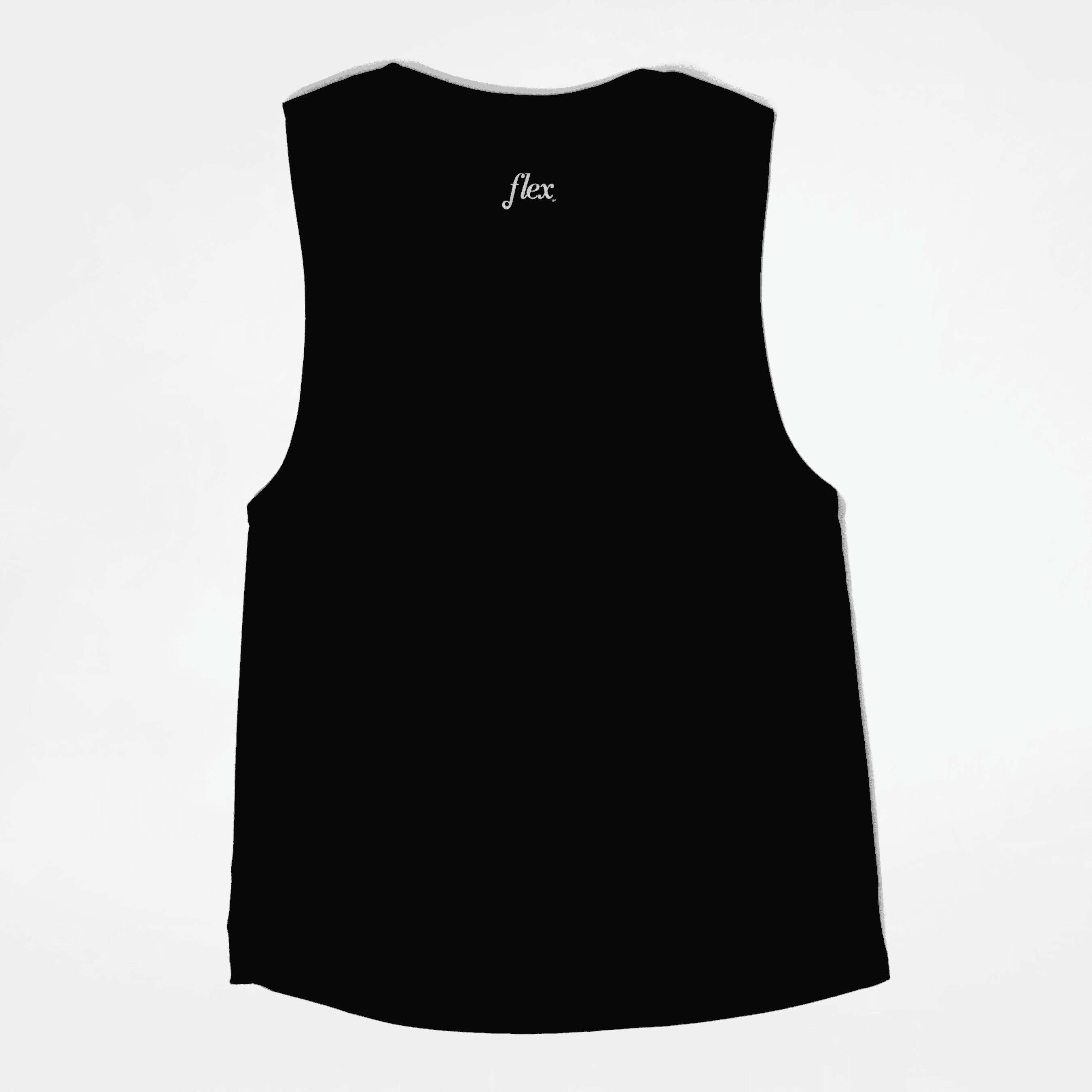 Back view of sleeveless tank top with 'flex' text near the neckline